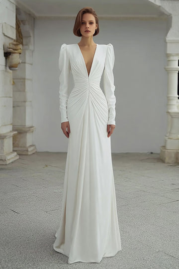 Sheath V-Neck Ruched Ivory Engagement Dress With Long Sleeves